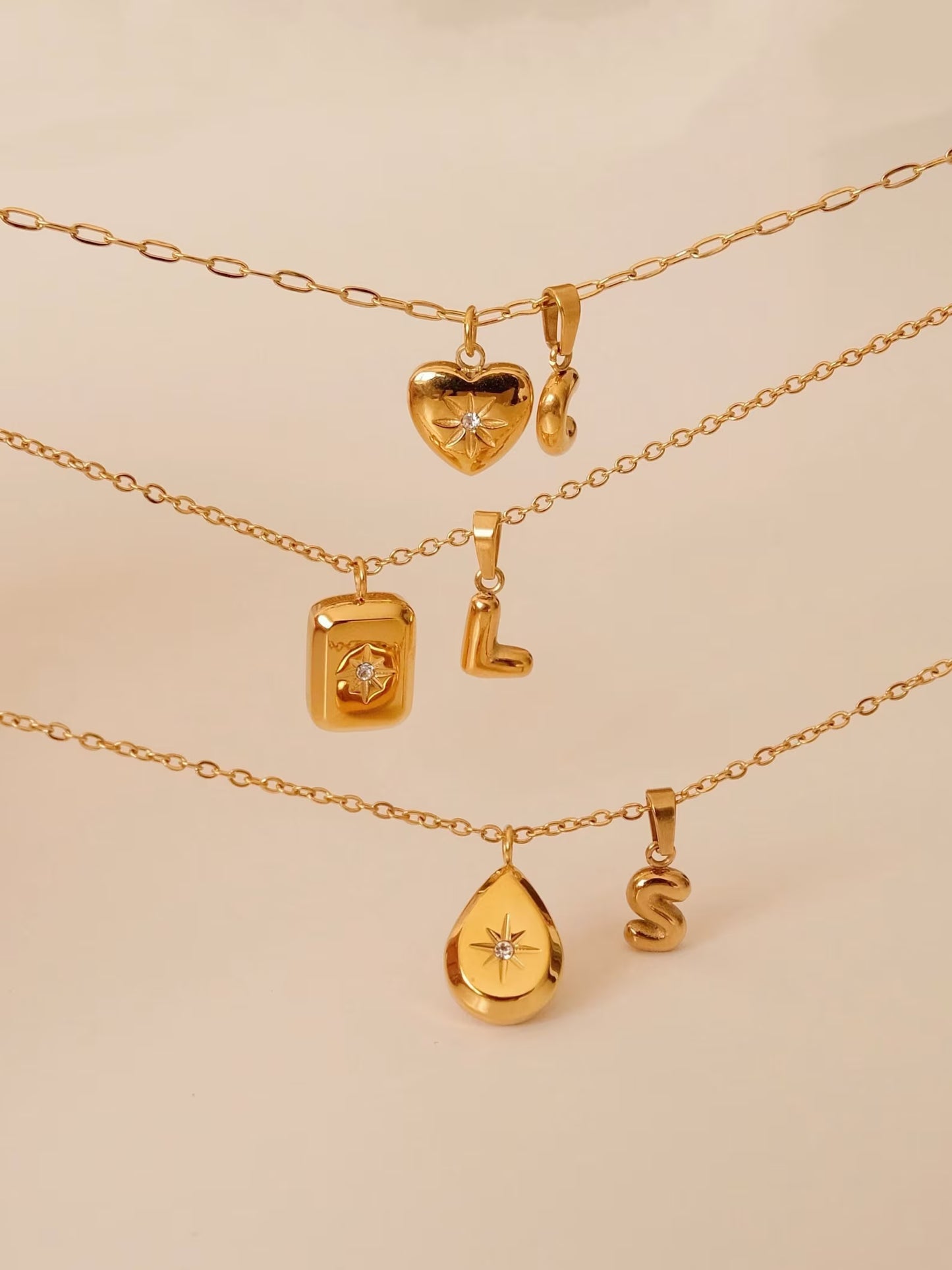 Gold filled square teardrop heart necklace, 18k gold cz star necklace, Gold initial necklace, Waterproof tarnish free gold pendant necklace