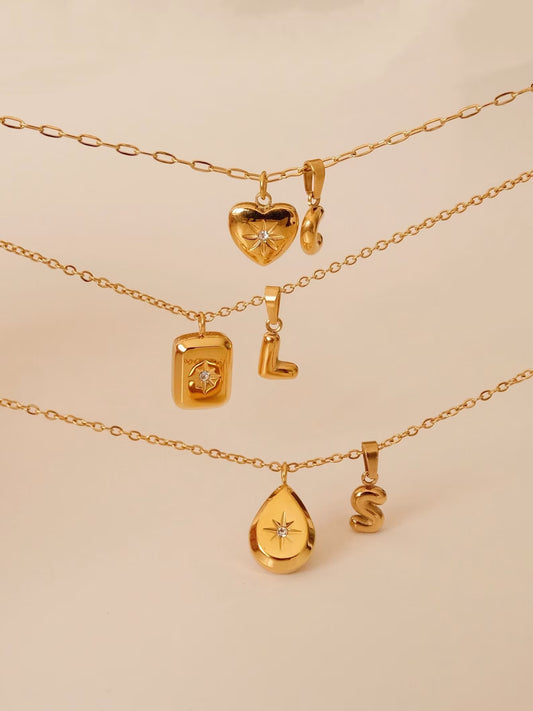 Gold filled square teardrop heart necklace, 18k gold cz star necklace, Gold initial necklace, Waterproof tarnish free gold pendant necklace